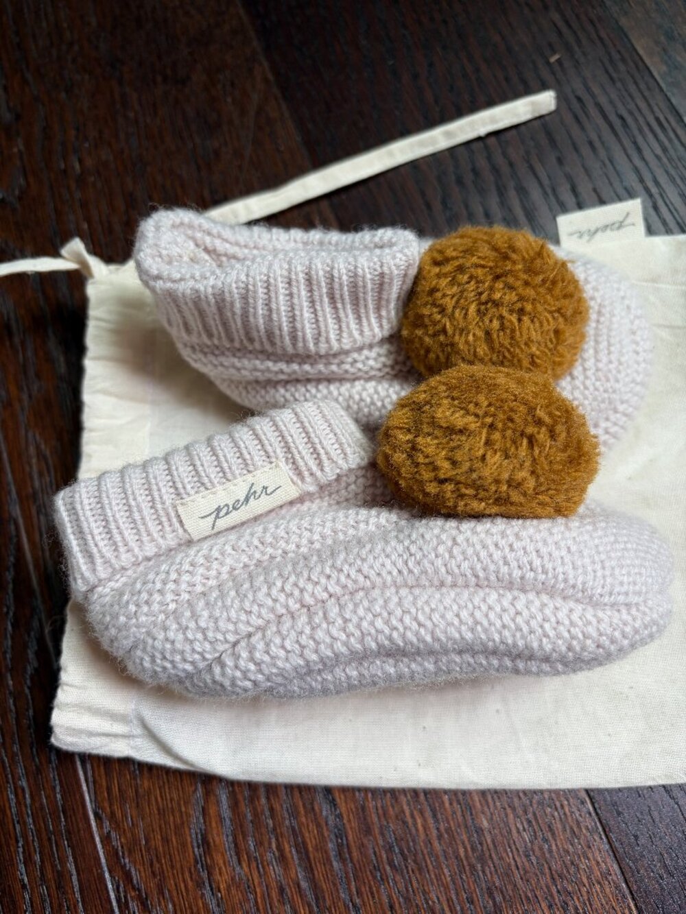 Pehr Knitted Baby Booties with Pom Pom (Beige / Mustard Yellow)